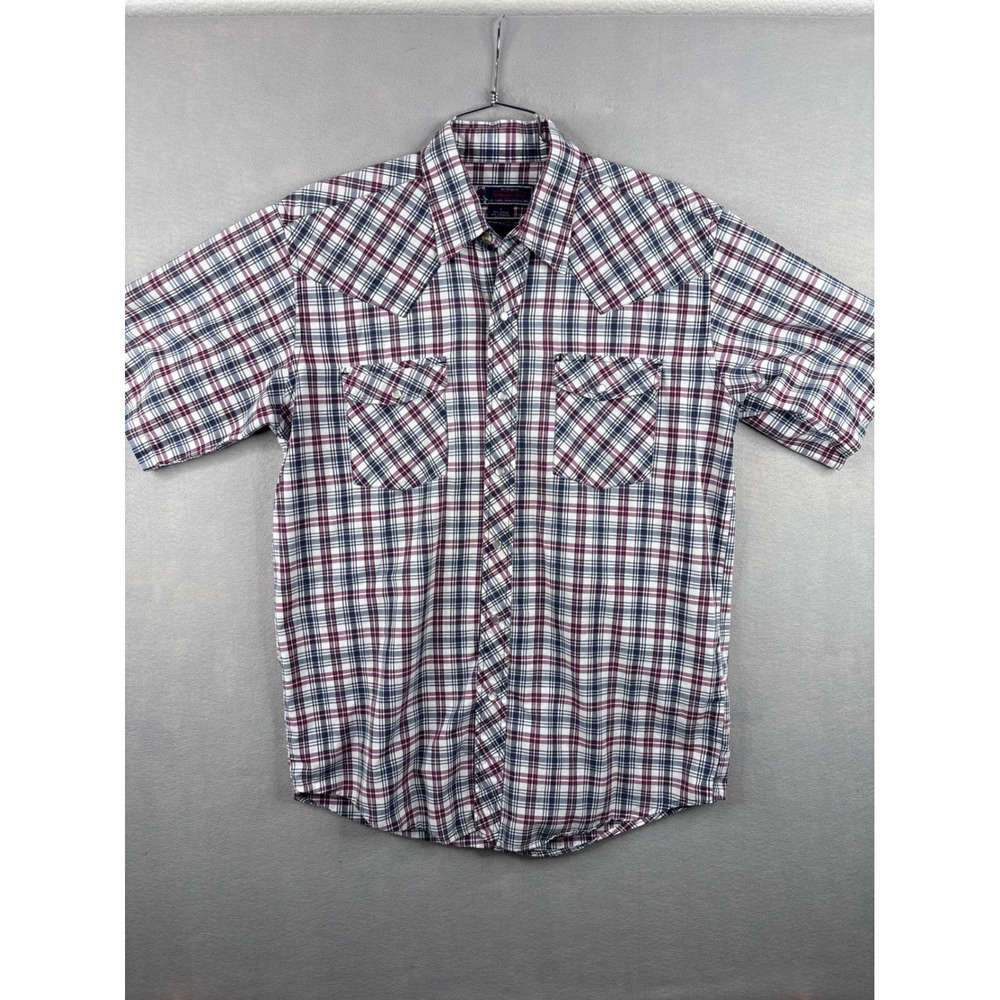 Williams Bay Mens Western Pearl Snap Shirt Plaid Short Sleeve Navy Red White L